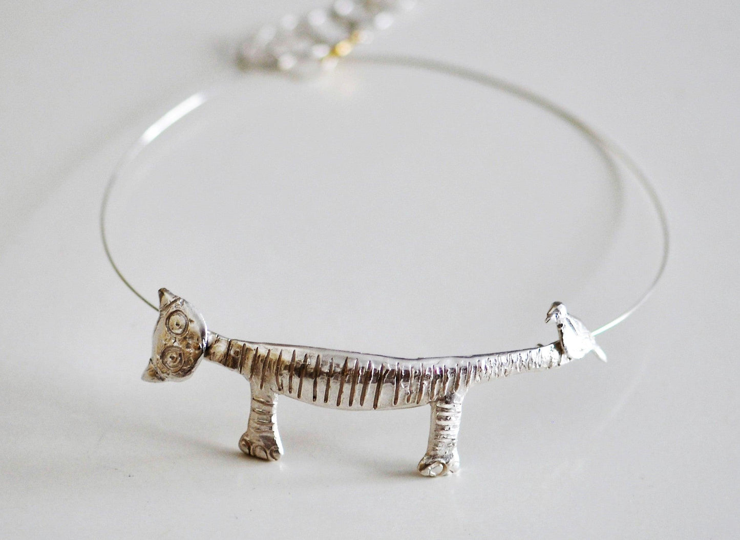 Cute Cat Design Choker Necklace In Sterling Silver