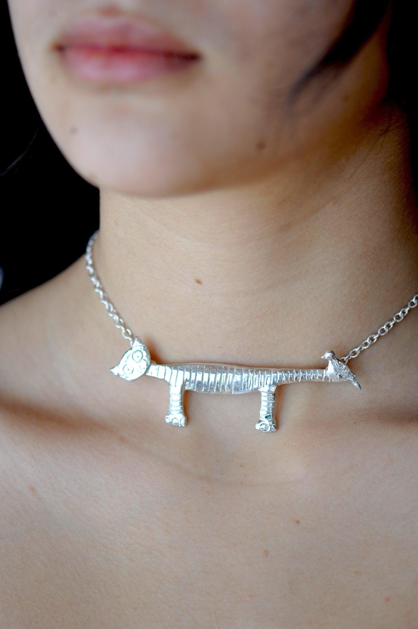 Cute Cat Design Choker Necklace In Sterling Silver