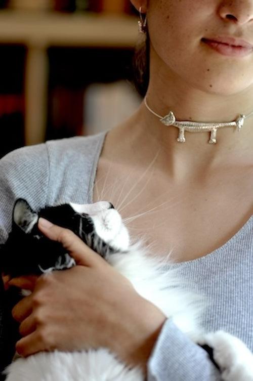 Cute Cat Design Choker Necklace In Sterling Silver