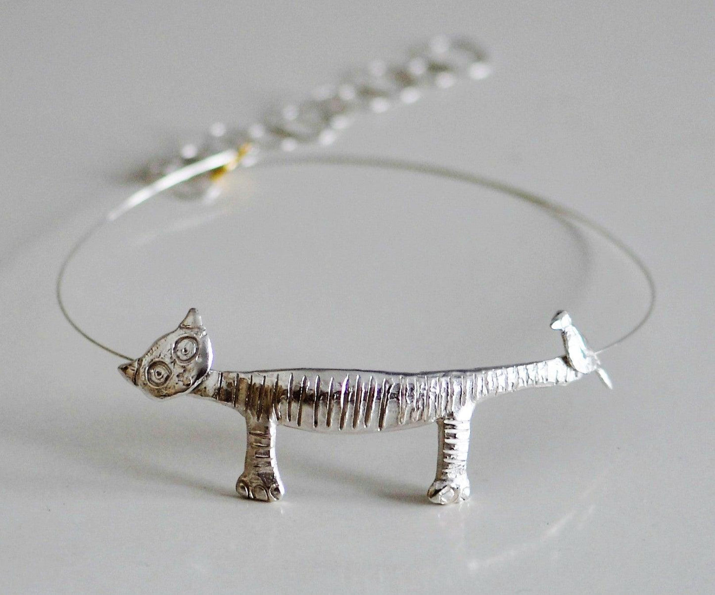 Cute Cat Design Choker Necklace In Sterling Silver