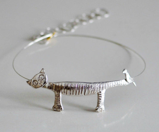 Cute Cat Design Choker Necklace In Sterling Silver