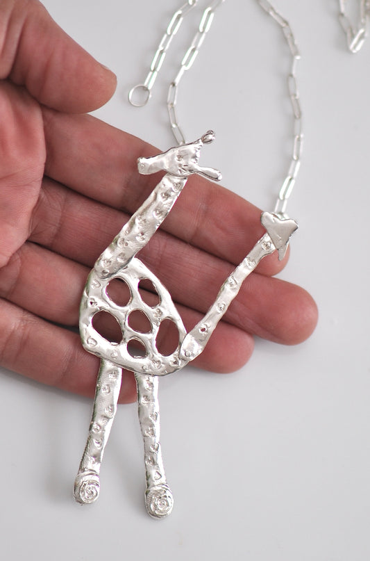 Articulated Giraffe Pendant Necklace In Sterling Silver