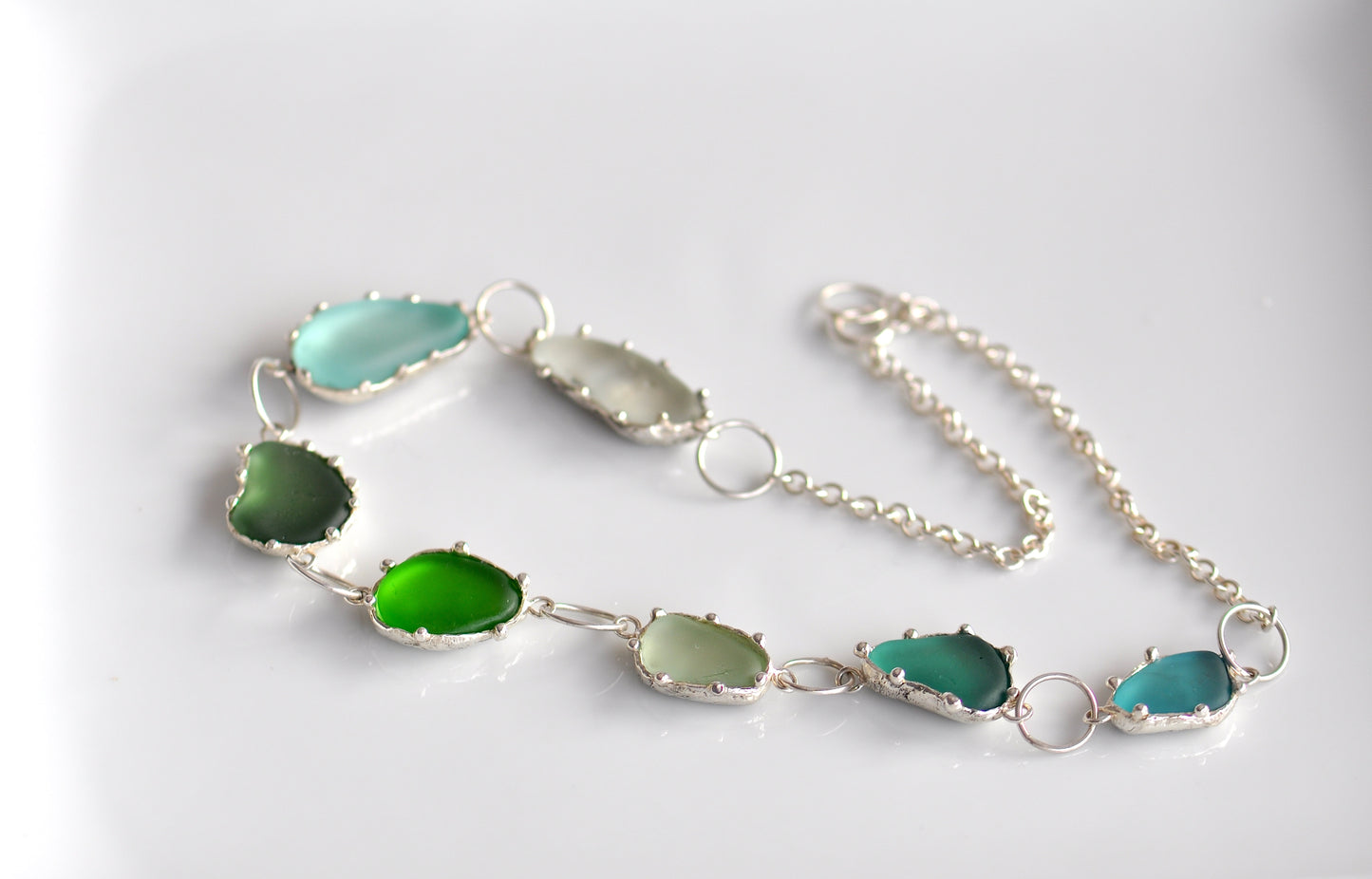 One-of-a-Kind Statement Sea Glass Necklace with Handpicked Stones in Etched Silver