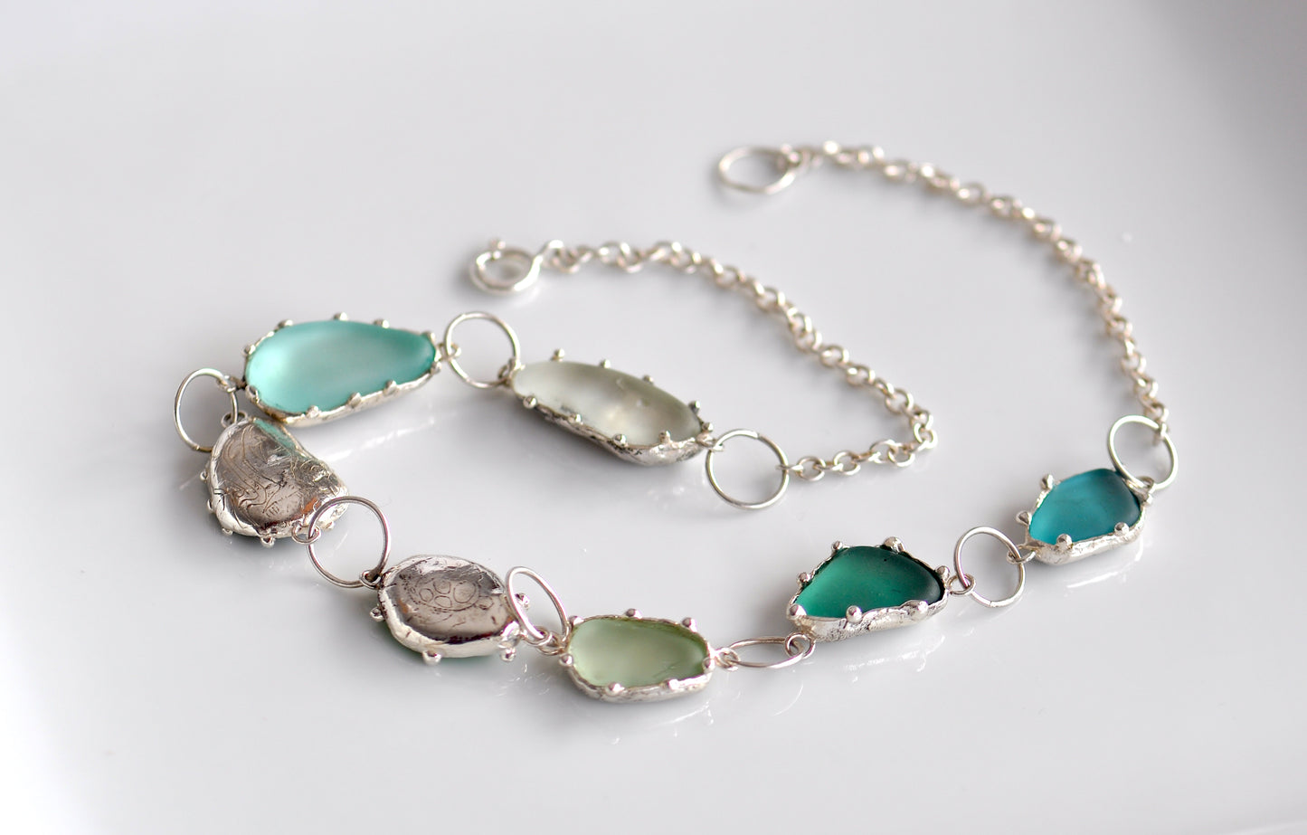 One-of-a-Kind Statement Sea Glass Necklace with Handpicked Stones in Etched Silver