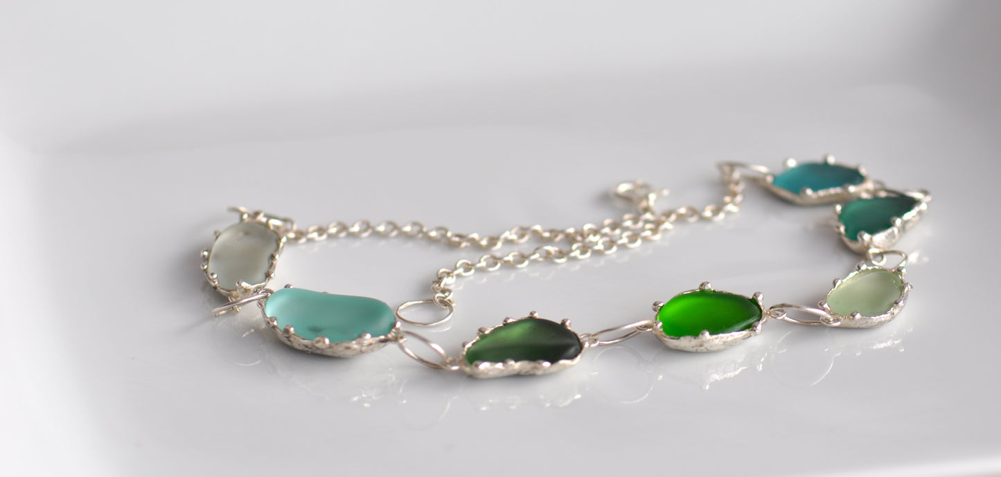 One-of-a-Kind Statement Sea Glass Necklace with Handpicked Stones in Etched Silver