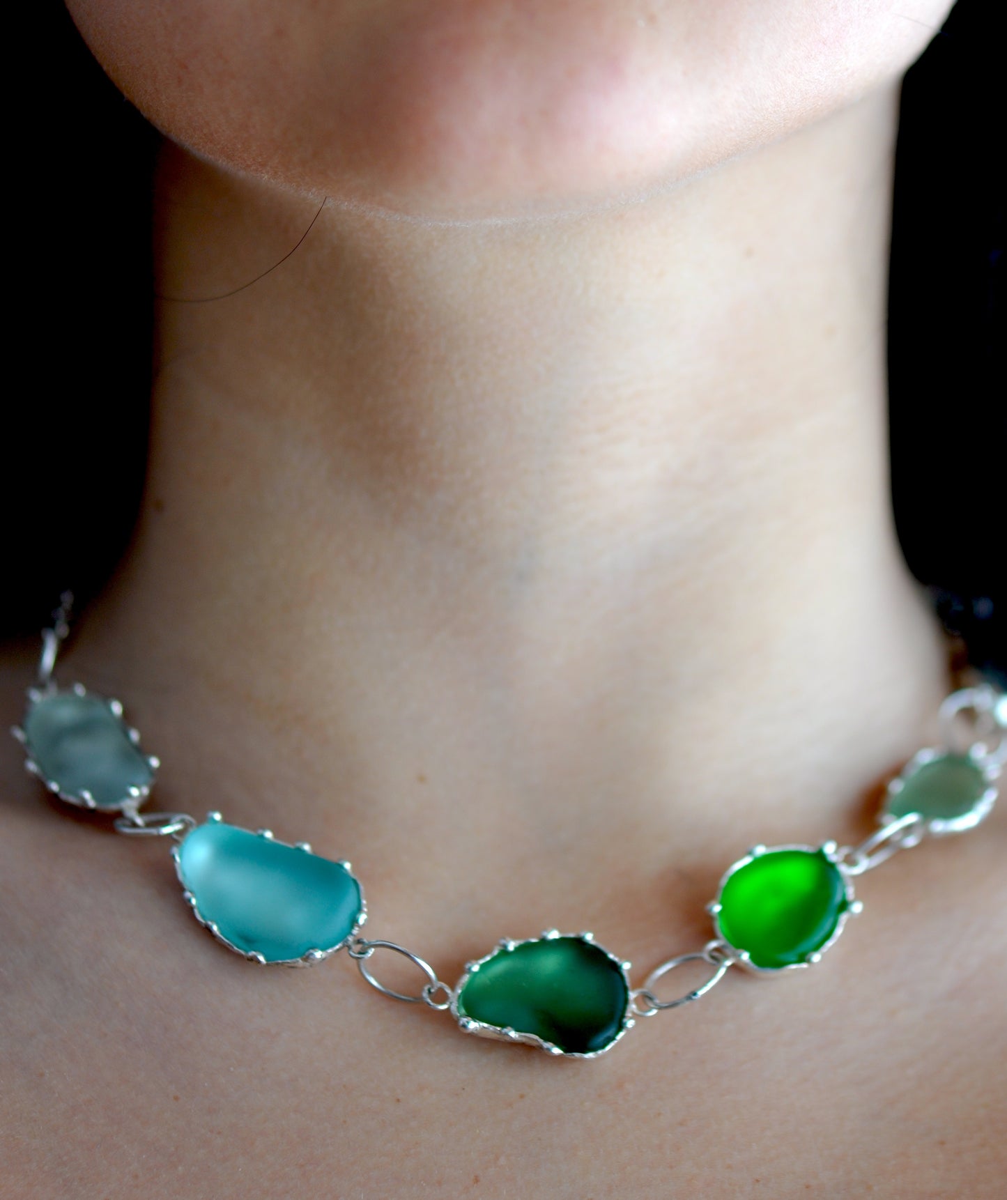 One-of-a-Kind Statement Sea Glass Necklace with Handpicked Stones in Etched Silver