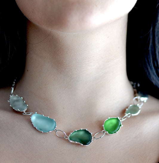 One-of-a-Kind Statement Sea Glass Necklace with Handpicked Stones in Etched Silver