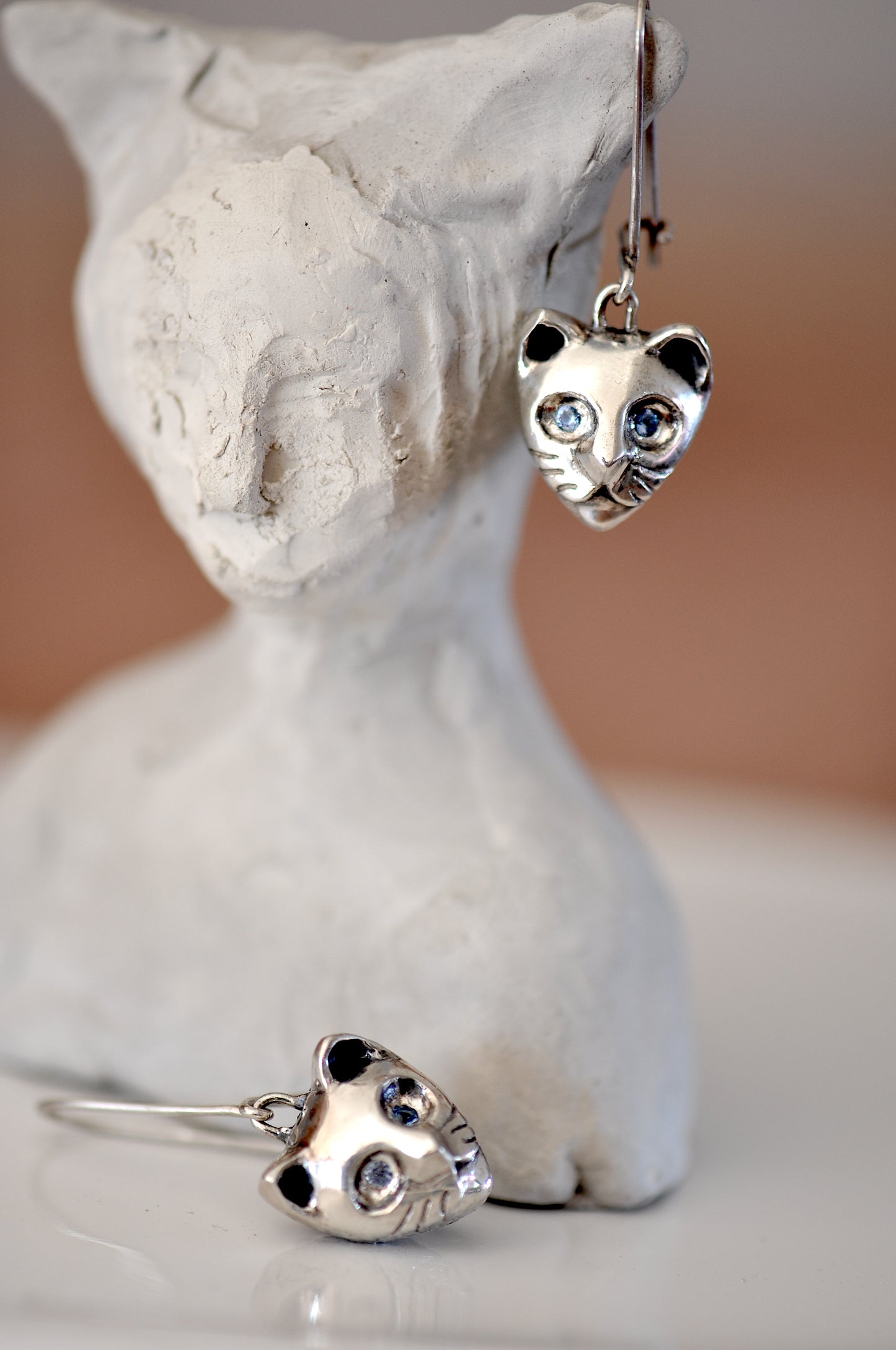 Sterling Silver Cat Earrings With Aquamarine Stones