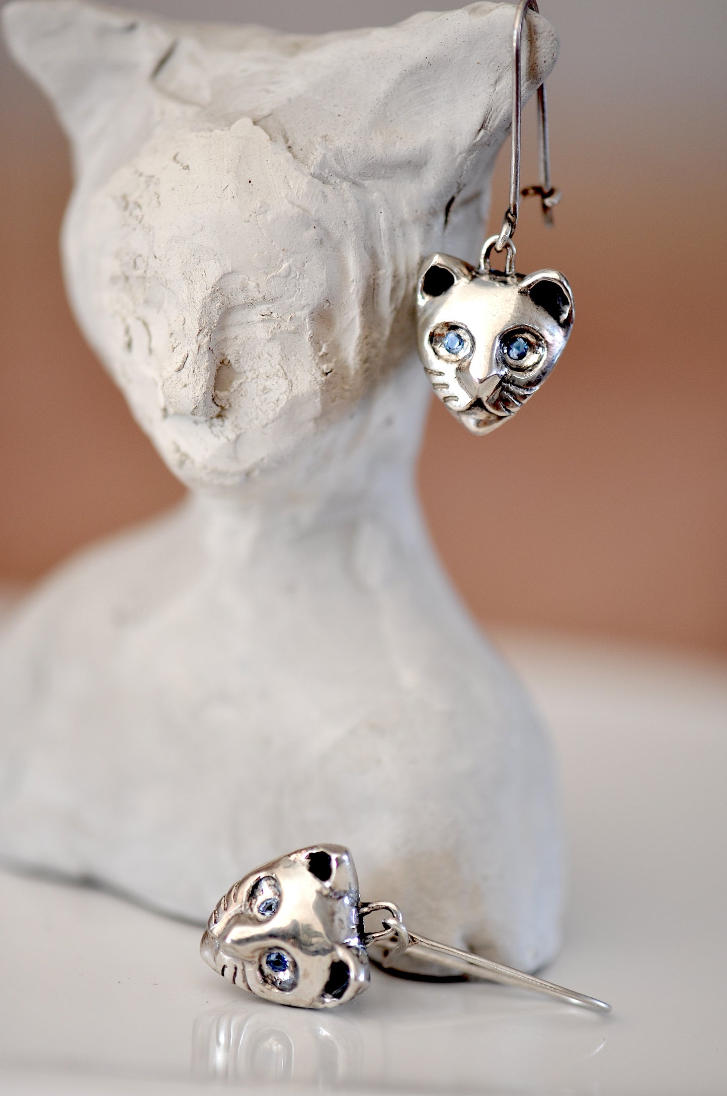 Sterling Silver Cat Earrings With Aquamarine Stones