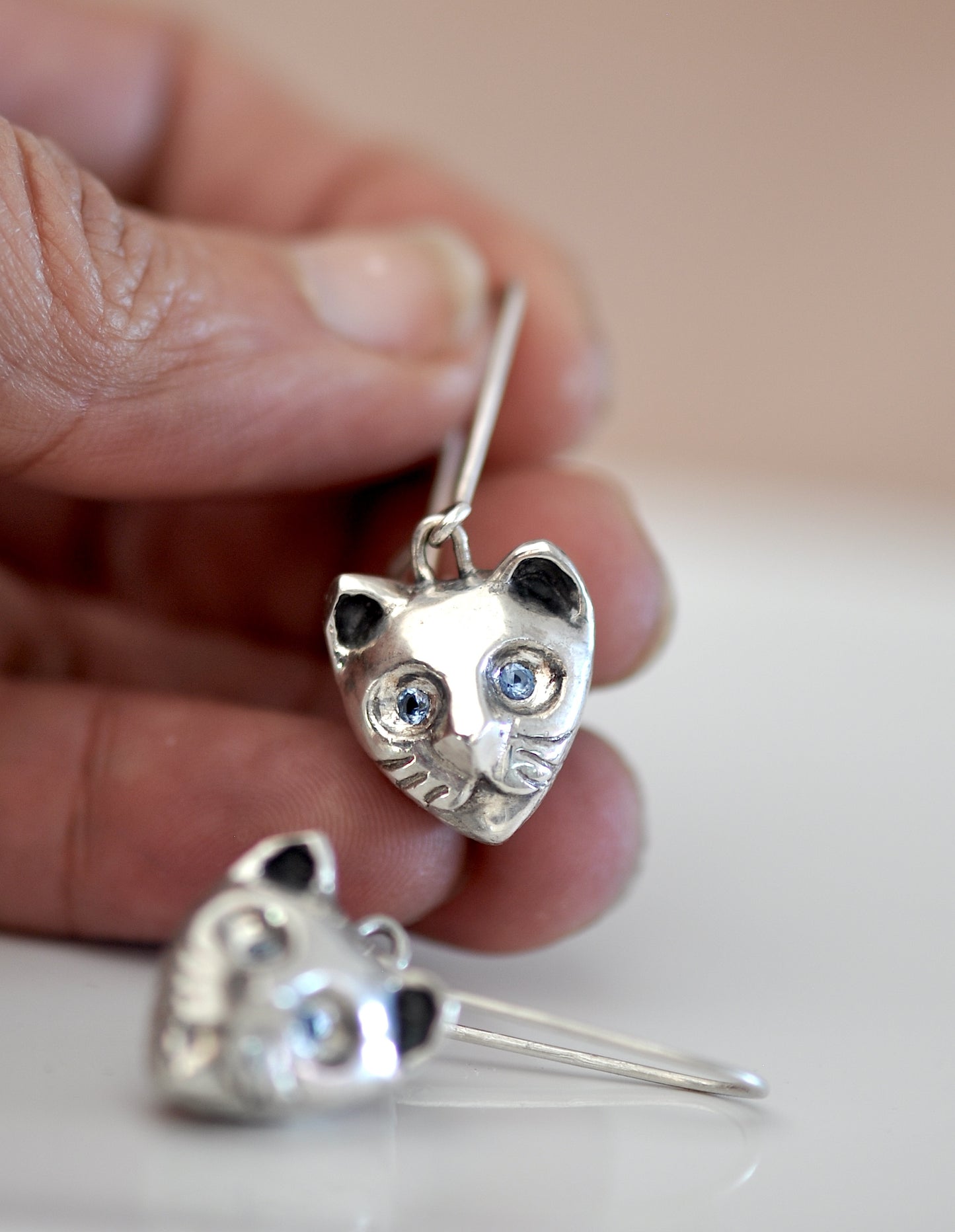 Sterling Silver Cat Earrings With Aquamarine Stones