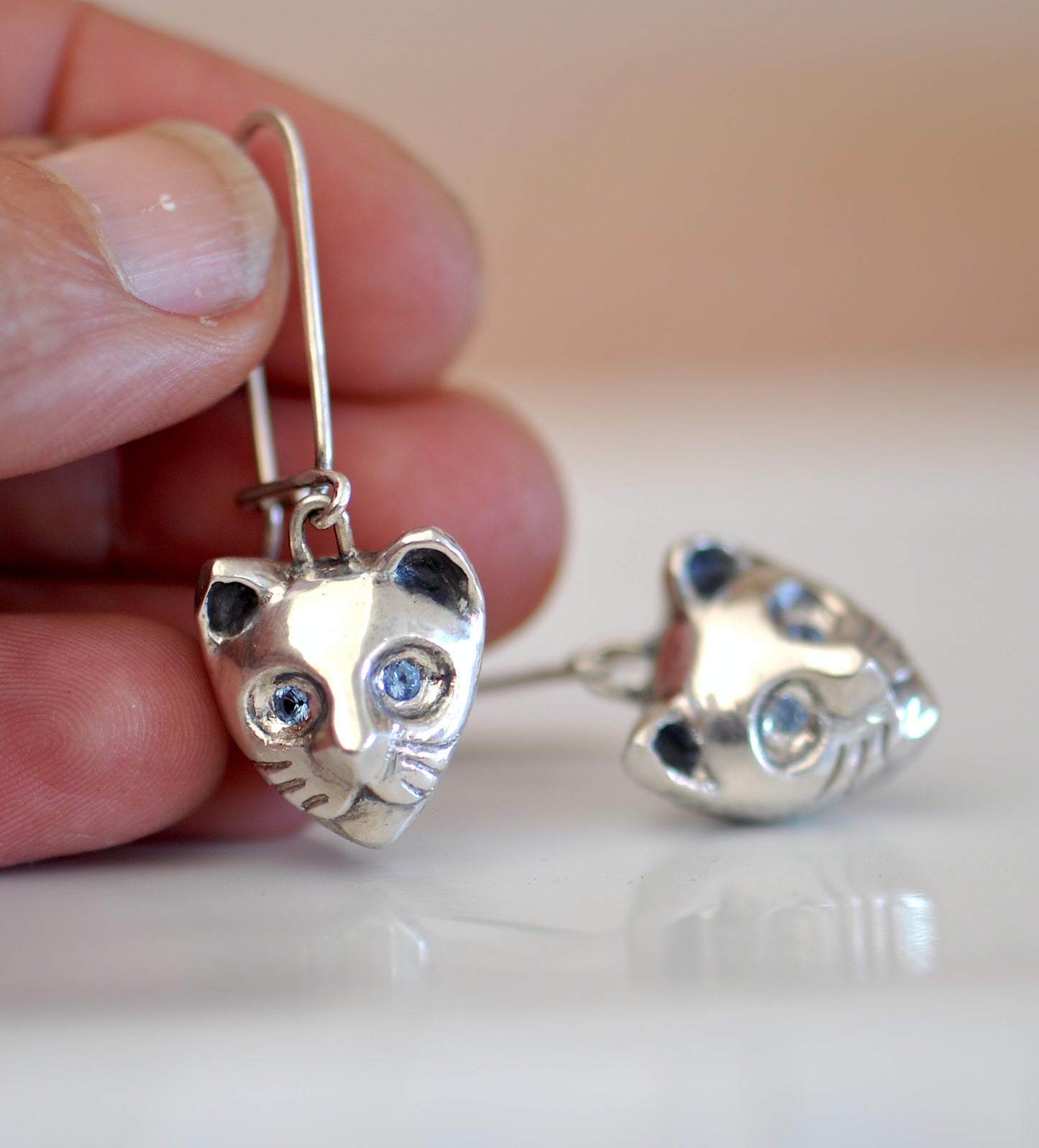 Sterling Silver Cat Earrings With Aquamarine Stones