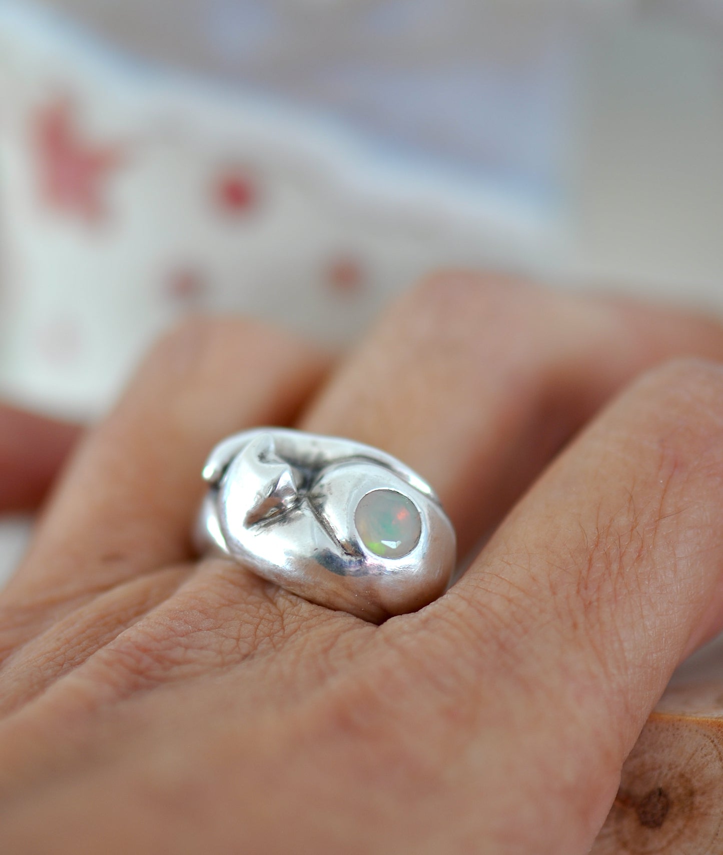 Sterling Silver Cat Ring with Opal Stone