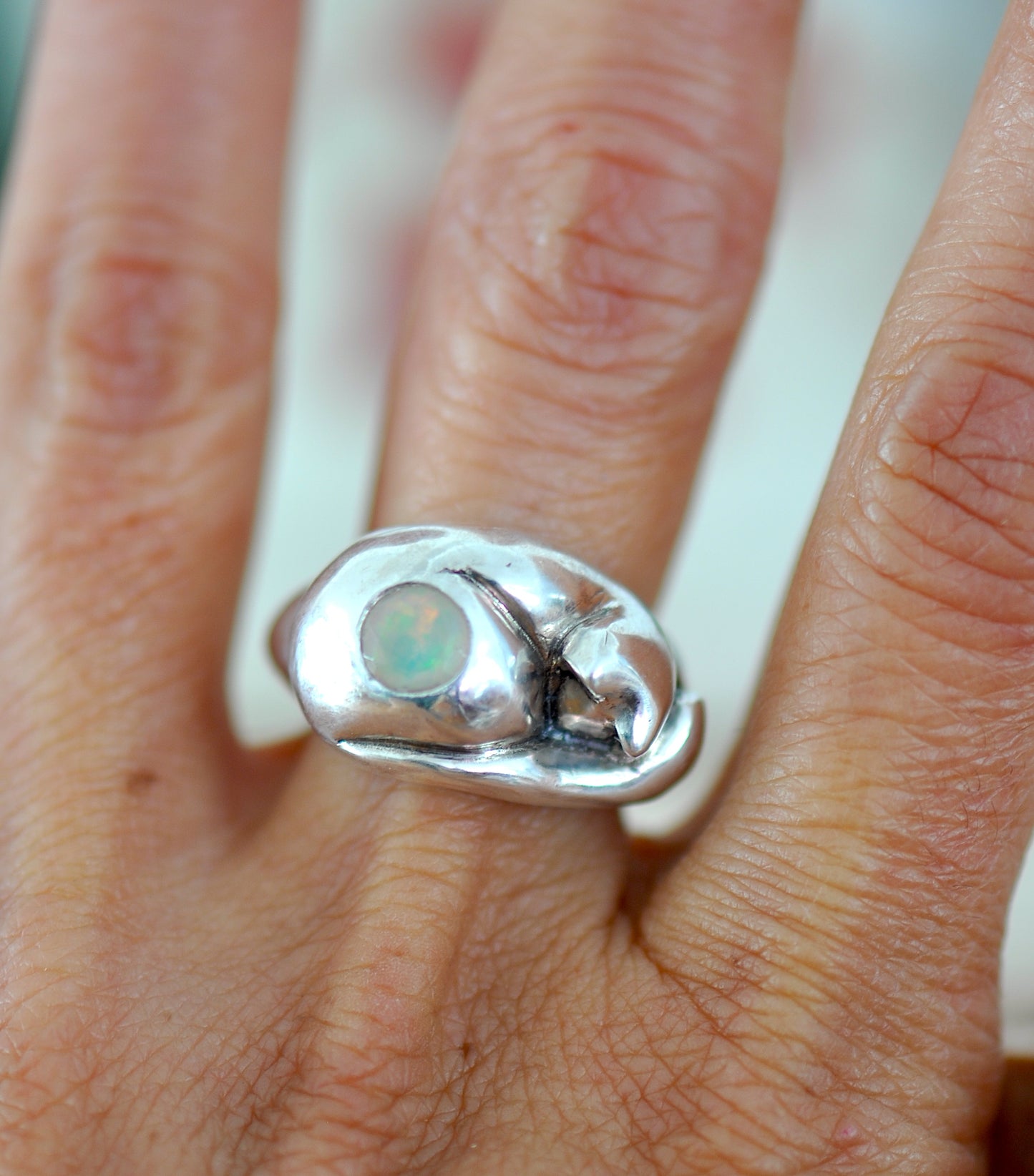 Sterling Silver Cat Ring with Opal Stone