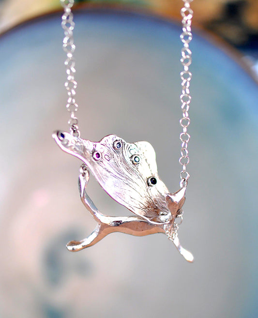 One-of-a-Kind Silver Cat Necklace – Whimsical Flying Cape Pendant on Silver Chain