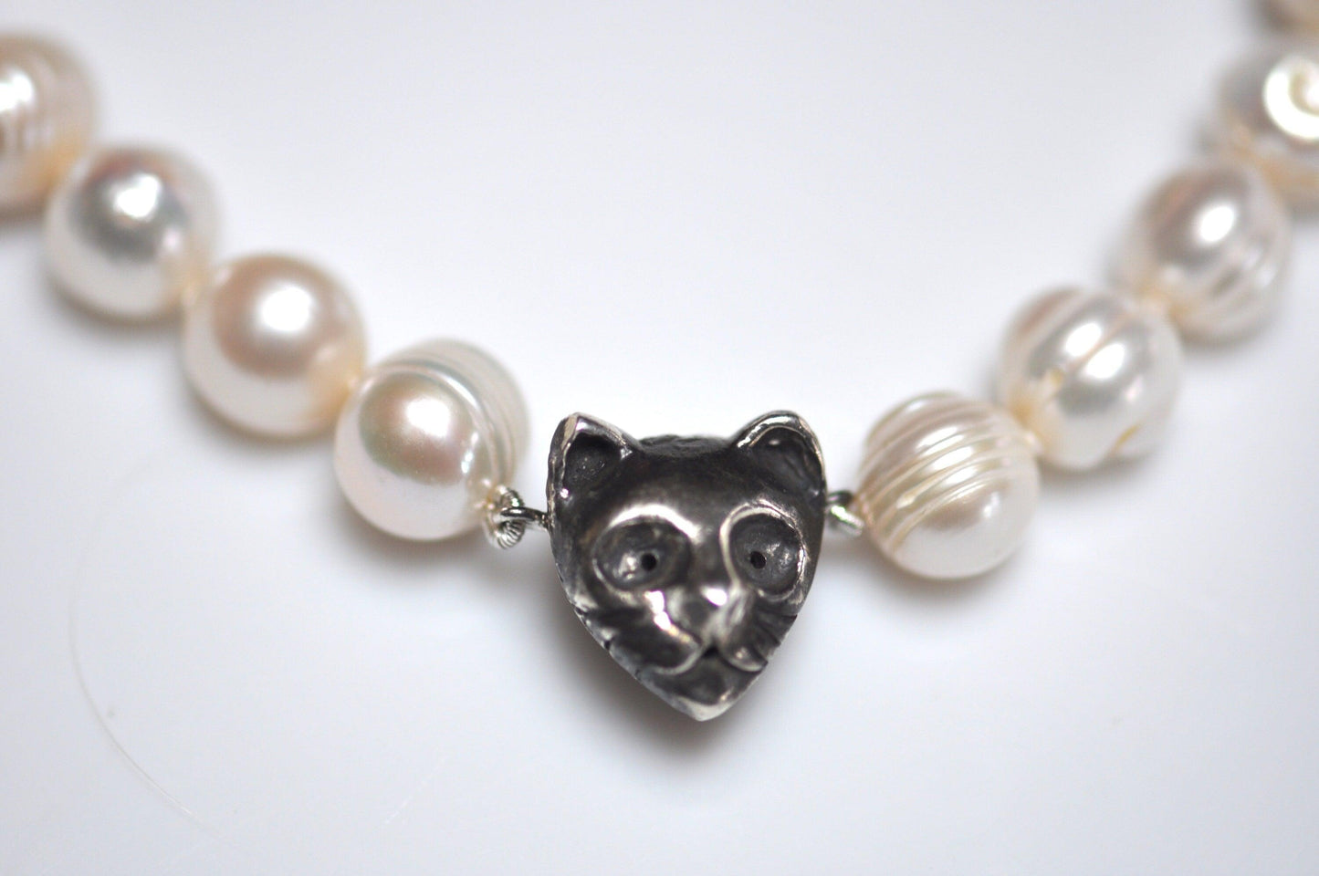 Black & White Freshwater Pearl Necklace With Silver Cat Charm