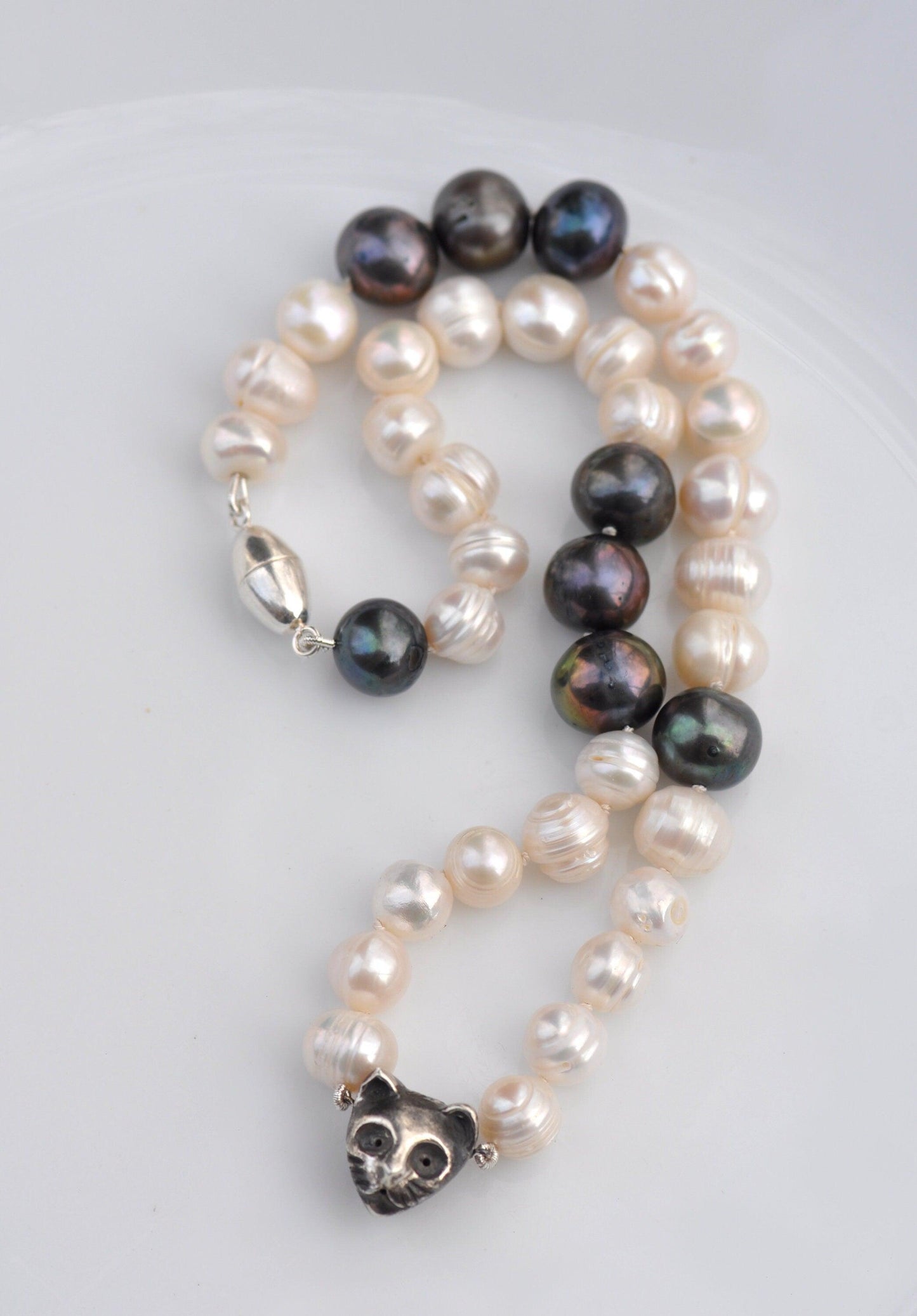 Black & White Freshwater Pearl Necklace With Silver Cat Charm