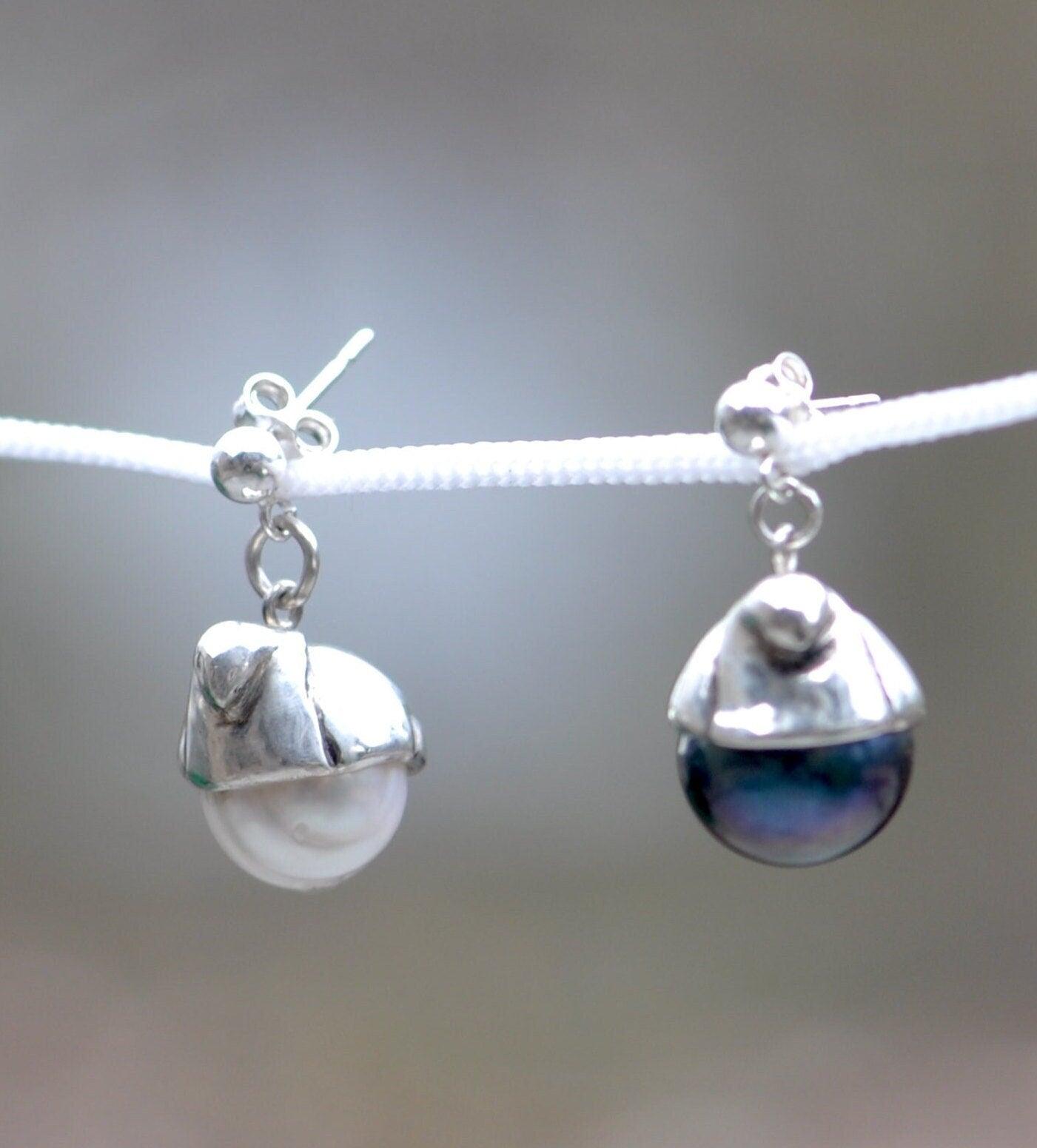 Black & White Pearl Earrings With Silver Bird Design