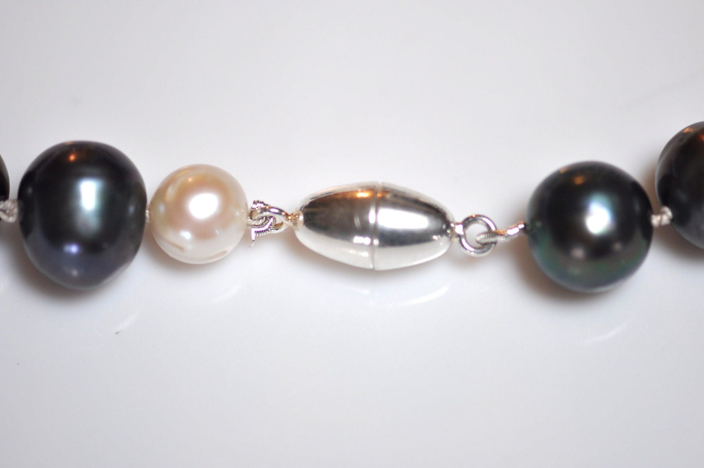 Black & White Pearl Necklace With Sterling Silver Cat Charm