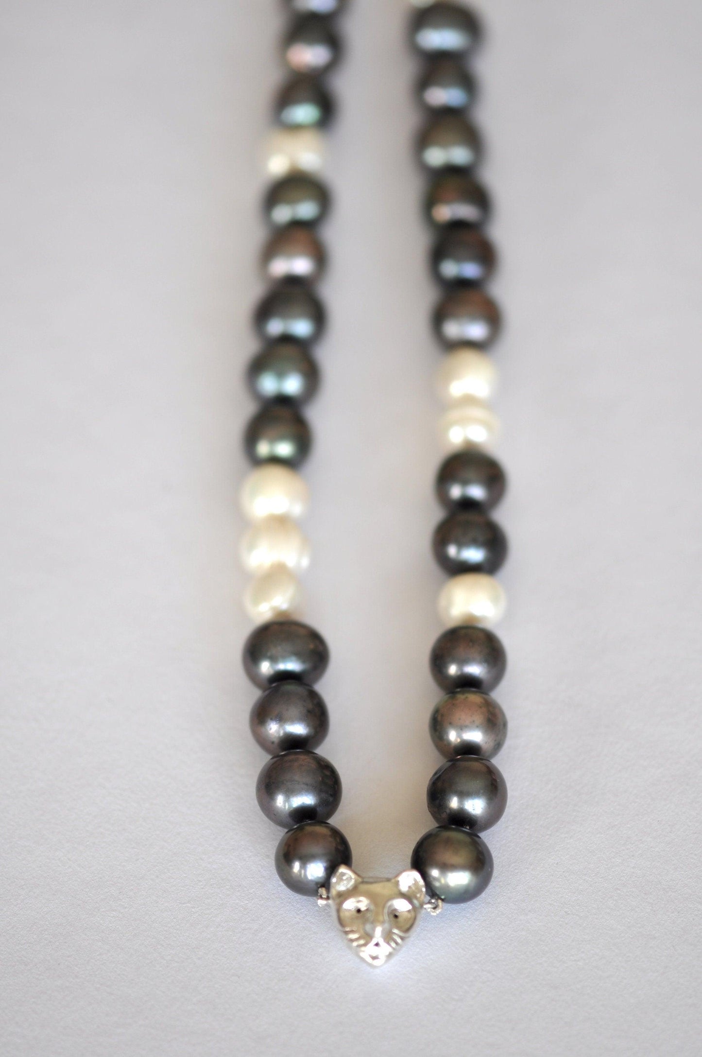 Black & White Pearl Necklace With Sterling Silver Cat Charm