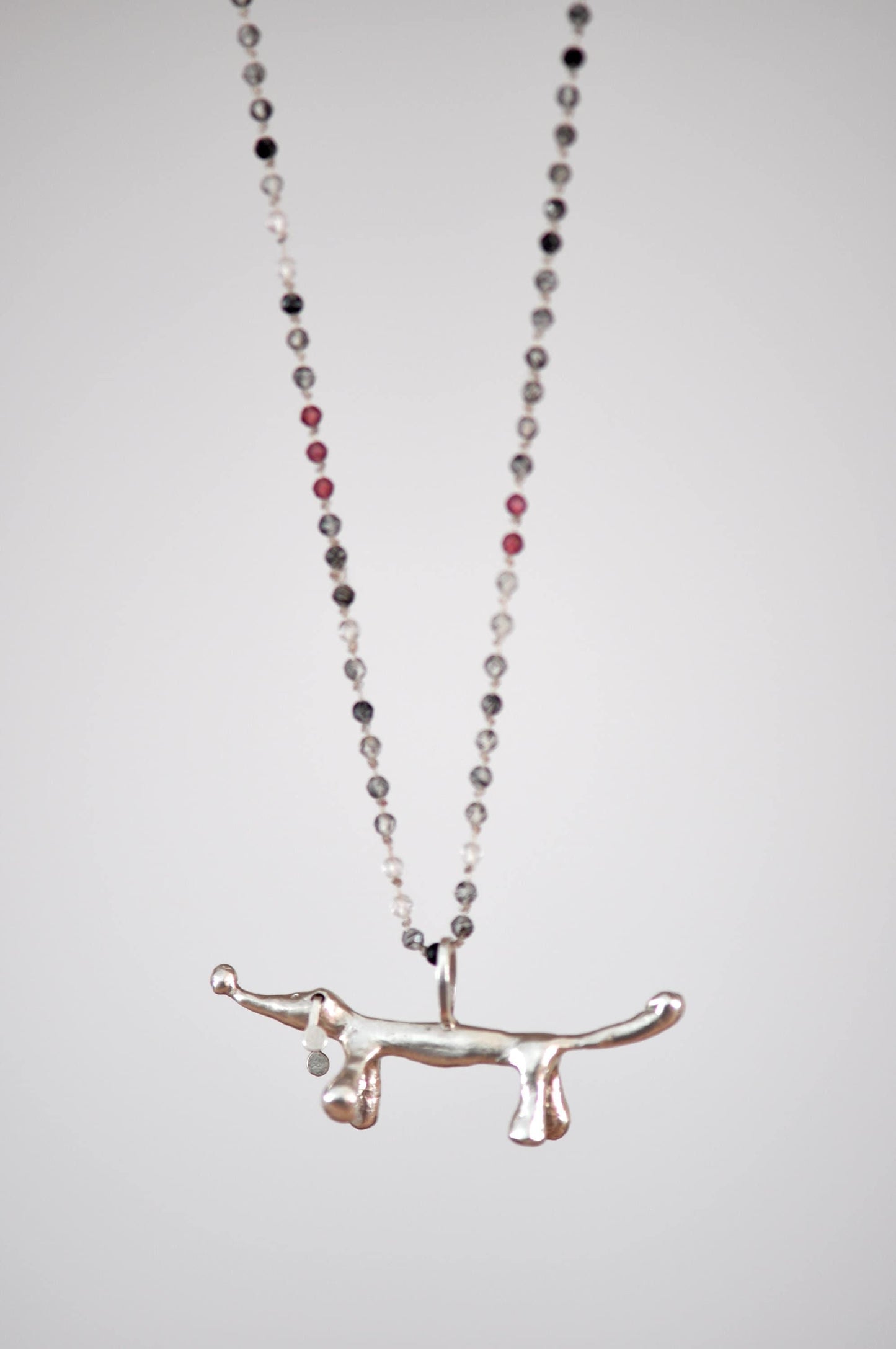 Gemstone Beaded Necklace With Silver Dachshund Charm