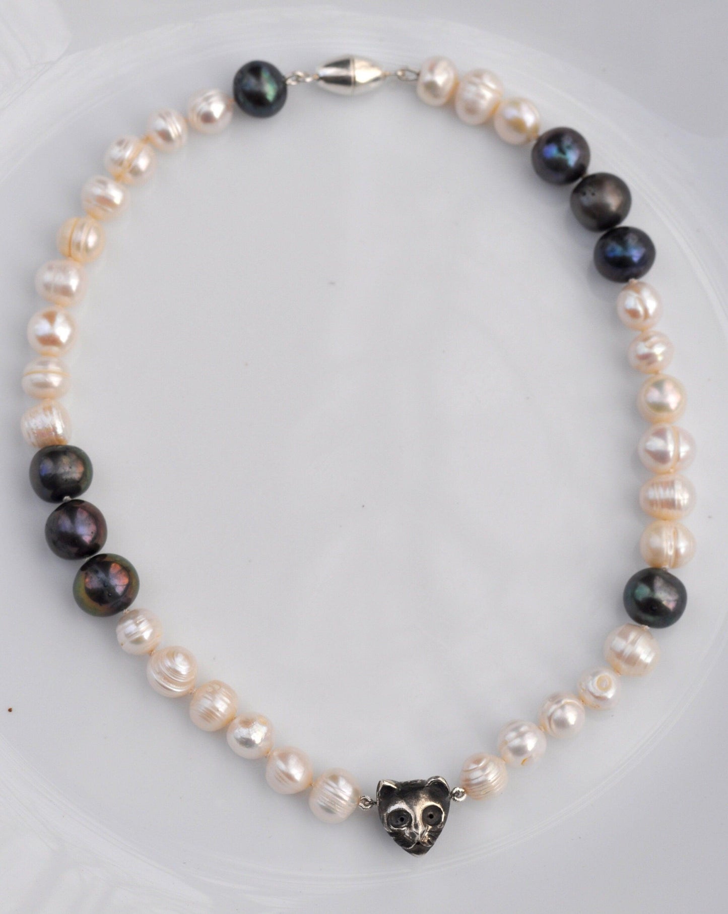 Black & White Freshwater Pearl Necklace With Silver Cat Charm